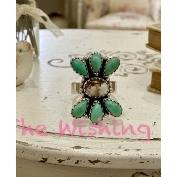 Kingman Turquoise Wildhorse Jasper Cluster Ring Sterling Silver Adjst 5-10 - Picture 2 of 6